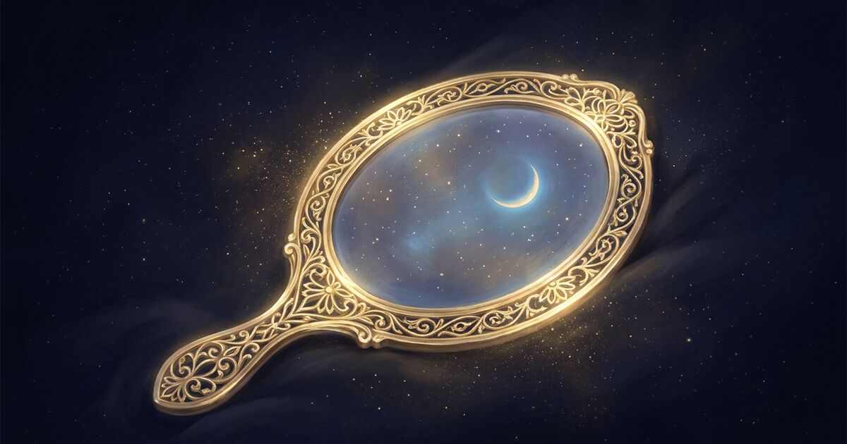 A luminous oval hand mirror in an ornate gold-leaf frame, its reflective surface showing not a face but a soft cosmos of stars and a single crescent moon, set against a deep midnight-indigo cosmic backdrop dusted with gold particle light.