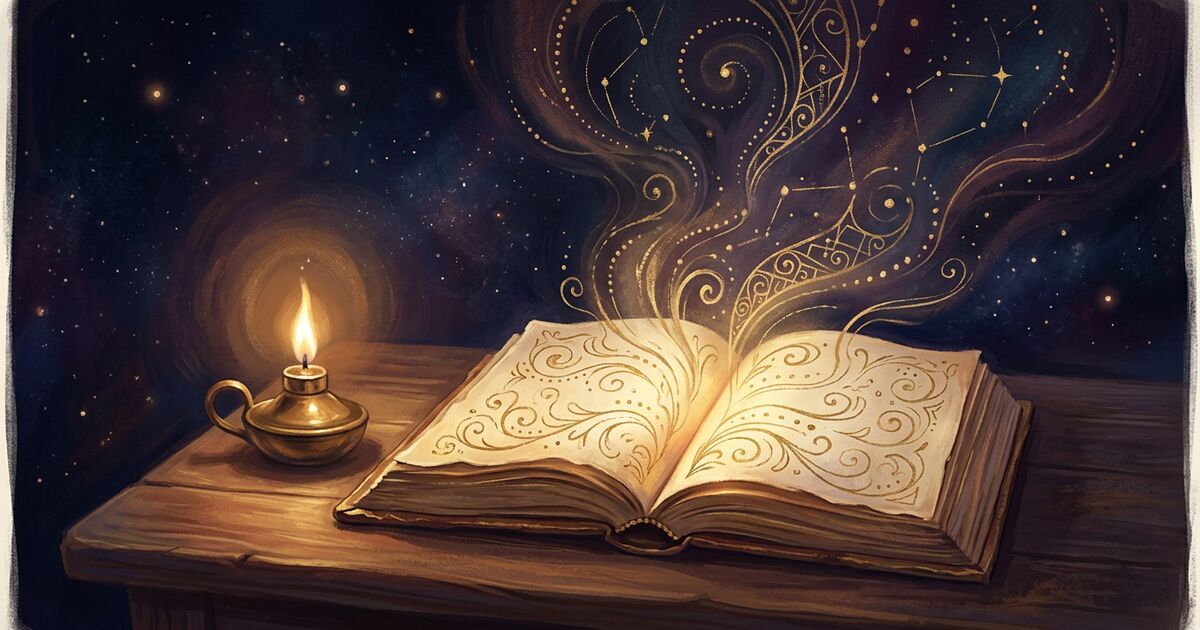 An open antique book resting on a softly lit reading surface beside a small brass oil lamp with a steady warm flame, delicate gold-leaf filigree swirls rising from the pages like quiet smoke against a deep midnight-indigo cosmic backdrop.