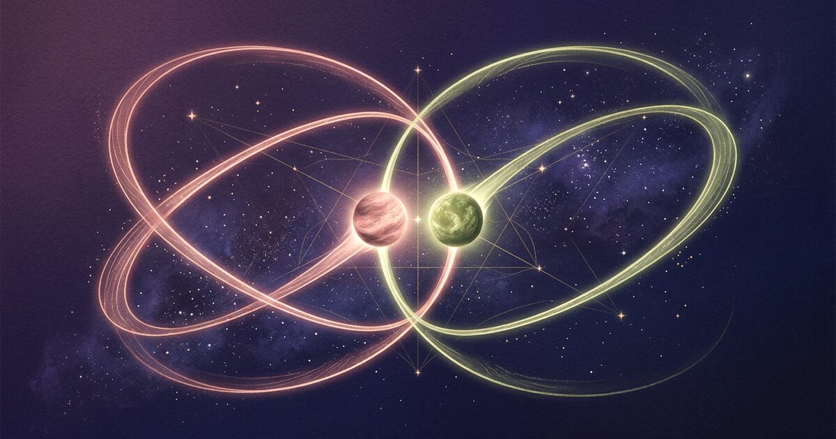 Two distinct celestial orbits — one rose-gold, one tulsi-green — interlacing in a graceful figure-eight composition with two luminous planetary bodies meeting at the central intersection point against a deep dusk-purple cosmic background.