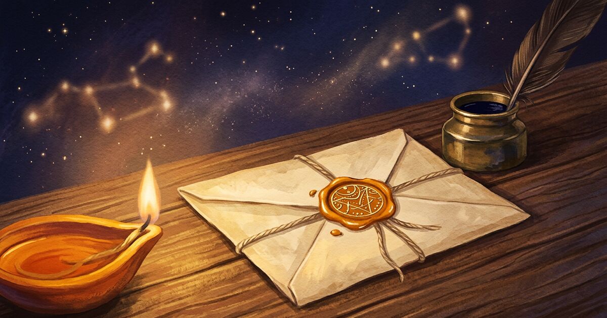 A folded parchment letter with a celestial gold wax seal resting on a dark wooden desk, a brass inkwell with a single feather quill to one side, and a small saffron clay diya oil-lamp with a warm flame casting a golden glow, set against a deep dusk-indigo cosmic backdrop.