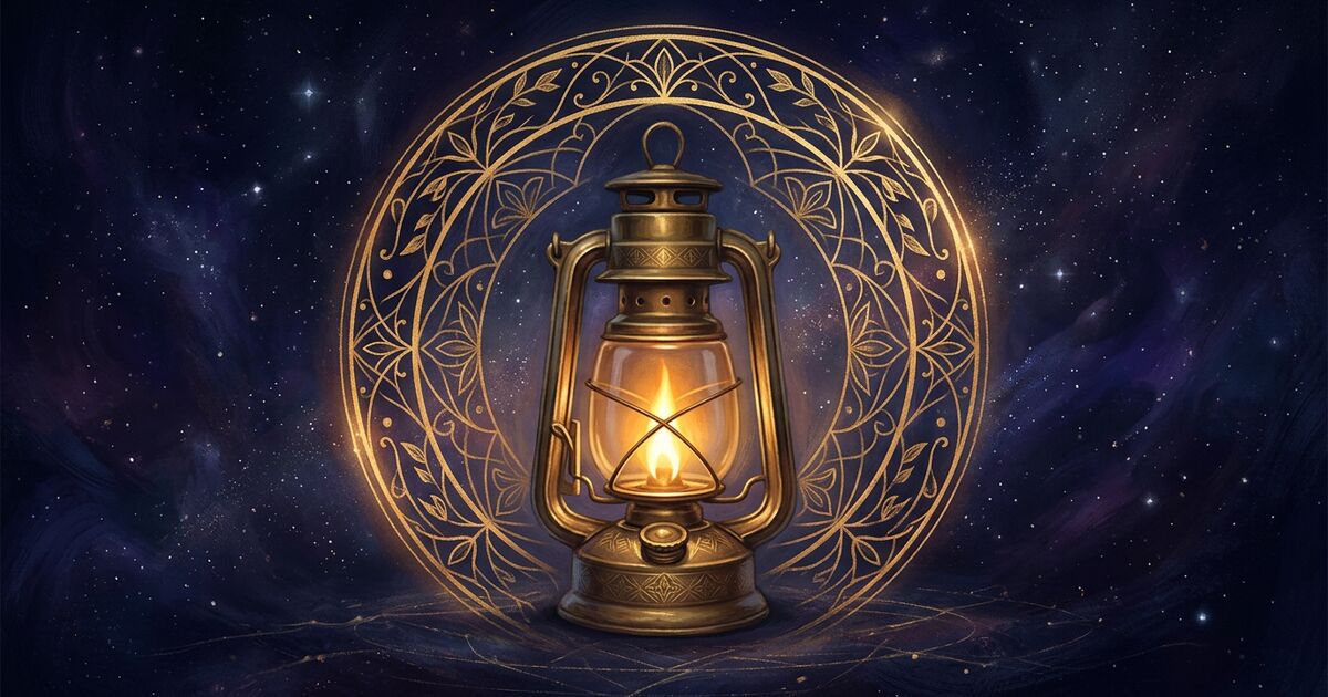 A softly glowing brass lantern with a steady warm flame, encircled by a delicate gold-leaf filigree mandala forming a protective ring around it, set against a deep midnight-indigo cosmic backdrop — calm, sheltering, dignified.
