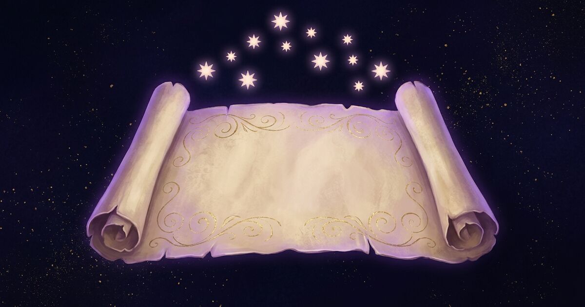 An unfurled antique parchment scroll with decorative gold-leaf filigree across its surface, a loose cluster of small softly-glowing stars floating above it with a faint violet-purple tint, set against a deep midnight-indigo cosmic backdrop.