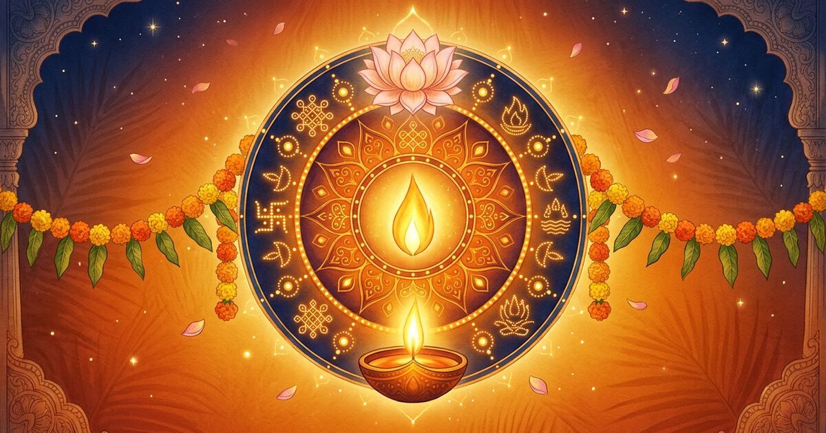 A warm saffron diya oil lamp with a glowing flame resting on golden lotus petals, surrounded by softly scattered marigold blossoms and gold-leaf filigree, set against a deep midnight-indigo cosmic background with faint particle glow.