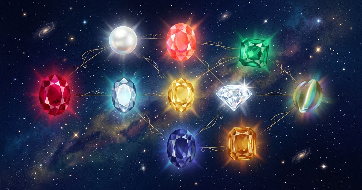A constellation of nine luminous celestial gemstones — ruby, pearl, coral, emerald, yellow sapphire, diamond, blue sapphire, hessonite, cats-eye chrysoberyl — floating in formation against a deep indigo cosmic background with faint gold filigree connecting lines.