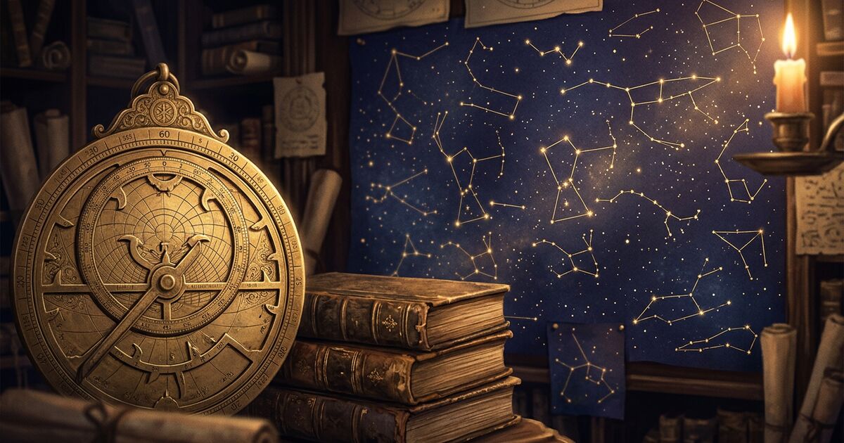 A luminous golden astrolabe resting beside a stack of leather-bound ancient books and a furled scroll on a dim library table, lit warmly with delicate gold-leaf filigree details, set against a deep midnight-indigo cosmic backdrop.