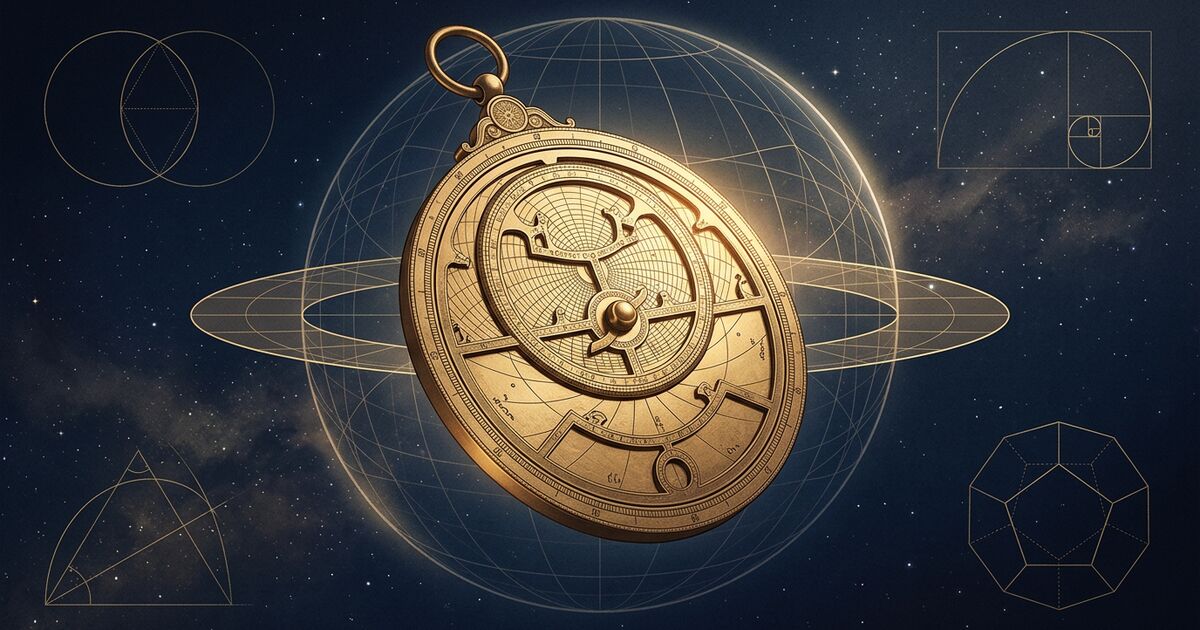 A luminous gold-leaf astrolabe rests in the foreground beside an open celestial-sphere armillary instrument, the two precision tools framed by delicate gold filigree against a deep midnight-indigo cosmic background — a calm tableau of measurement and tradition.