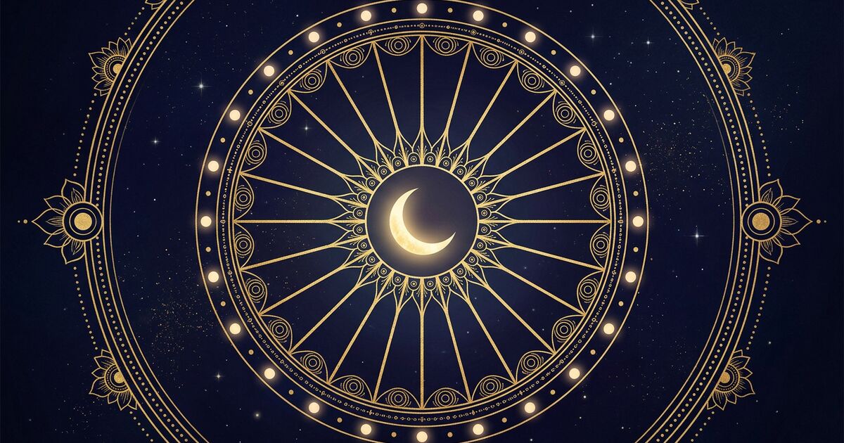 A luminous circular gold-leaf mandala divided into twenty-seven radial spokes, a glowing crescent moon at its center and a ring of small softly-glowing dots along its outer rim, rendered as sacred geometry against a deep midnight-indigo cosmic backdrop dusted with faint stars.