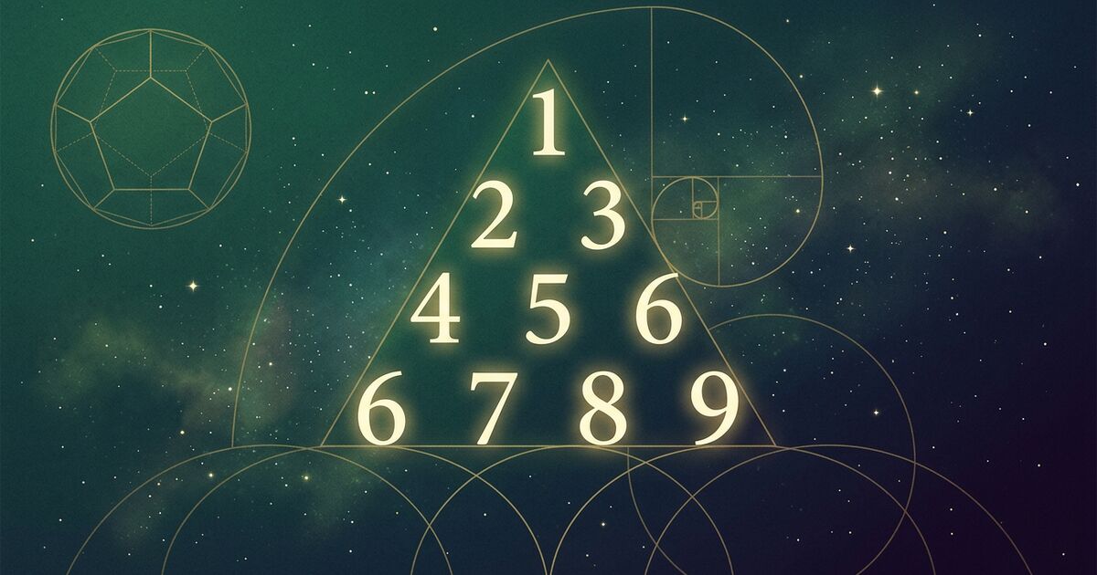 A luminous sacred-geometry tetractys — a triangle of ten dots arranged in four rows, each row glowing with a single Pythagorean numeral 1 through 9 plus a central master dot, rendered in gold leaf with delicate filigree against a deep midnight-indigo cosmic background.