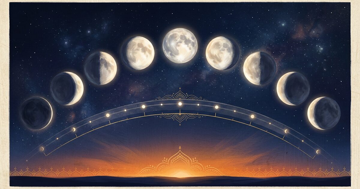 A luminous arc of eight lunar phases — from new moon through full to last crescent — painted in soft ivory and silver across the upper third of a deep night sky, with an Indian-temple-style saffron dawn glow on the lower horizon.