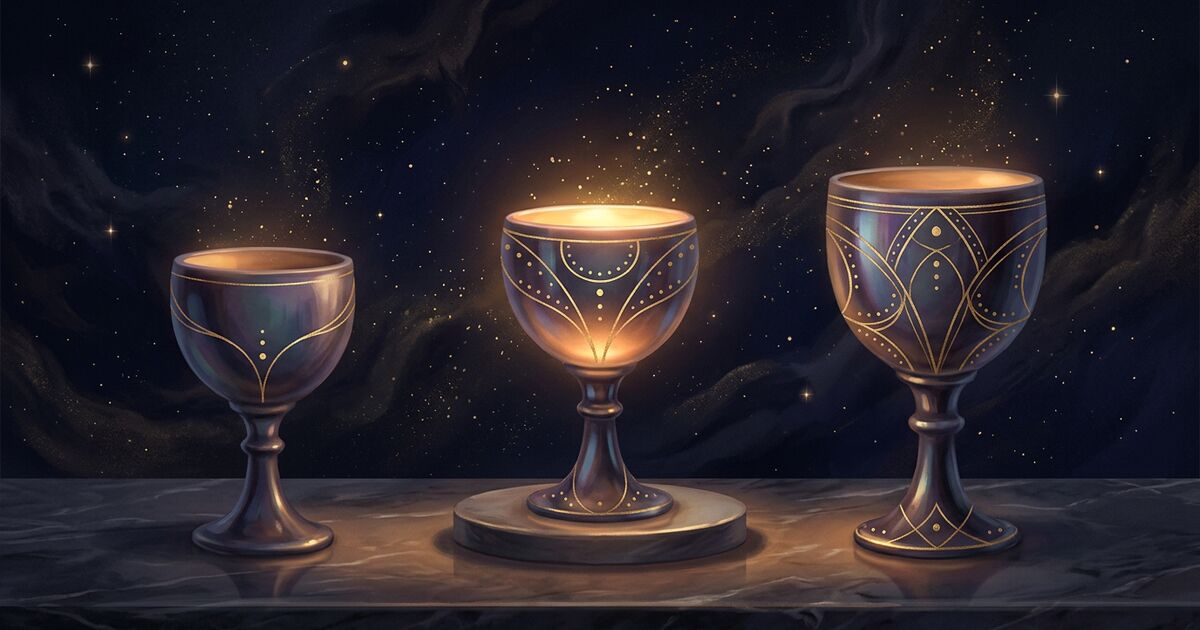 Three softly-glowing offering chalices arranged in a calm row on a polished dark surface, the centre vessel slightly elevated with a brighter inner glow, all rimmed in delicate gold-leaf filigree against a deep midnight-indigo cosmic backdrop.