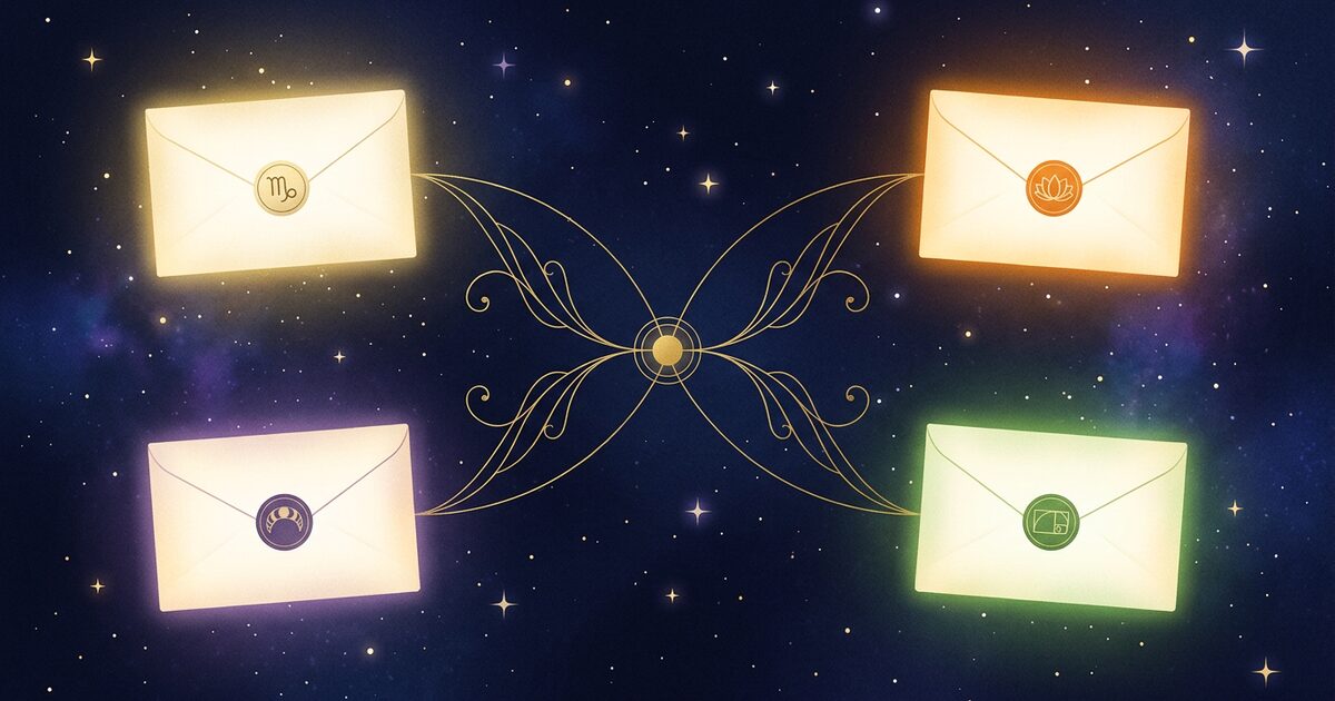 Four softly-glowing parchment offerings arranged in a row against a deep midnight-indigo cosmic background — each ringed with delicate gold-leaf filigree, ascending subtly in ornament from left to right, lit by warm amber halos.
