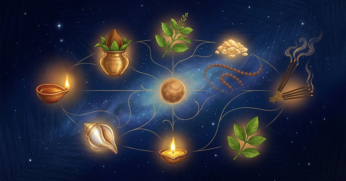 Nine luminous Vedic ritual objects arranged in a calm grid — a small brass diya, prayer beads, a copper kalash, a folded saffron cloth, a sprig of tulsi, marigold petals, an open palm-leaf manuscript, a smooth river stone, and a single lotus bud — rendered in warm gold leaf against a deep midnight-indigo cosmic background.