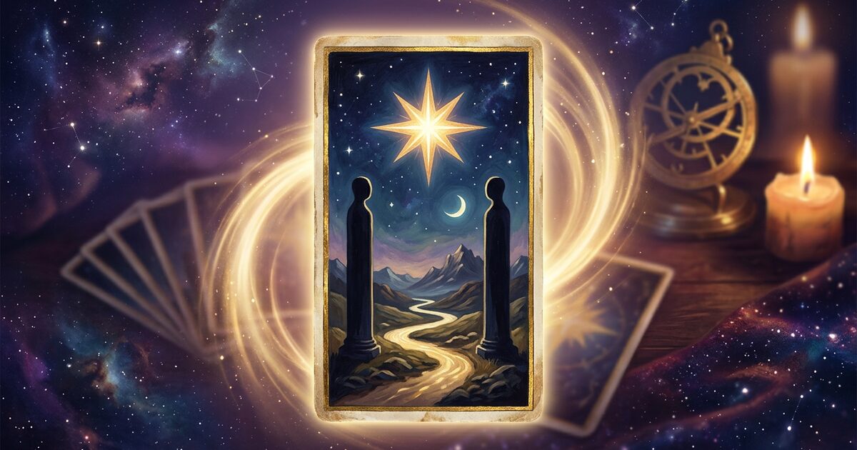 A single luminous tarot card floating mid-shuffle against a deep midnight-indigo cosmic background — gold-leaf borders, an 8-pointed star and crescent moon emblem on its face, with faint gold filigree and soft particles swirling around it.