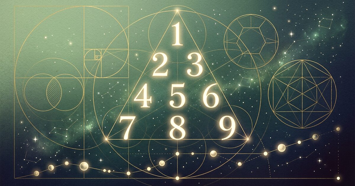 A sacred-geometry composition of the digits one through nine arranged in a Pythagorean tetractys, surrounded by golden Fibonacci spirals and vesica piscis lines over a deep tulsi-green and indigo cosmic gradient.