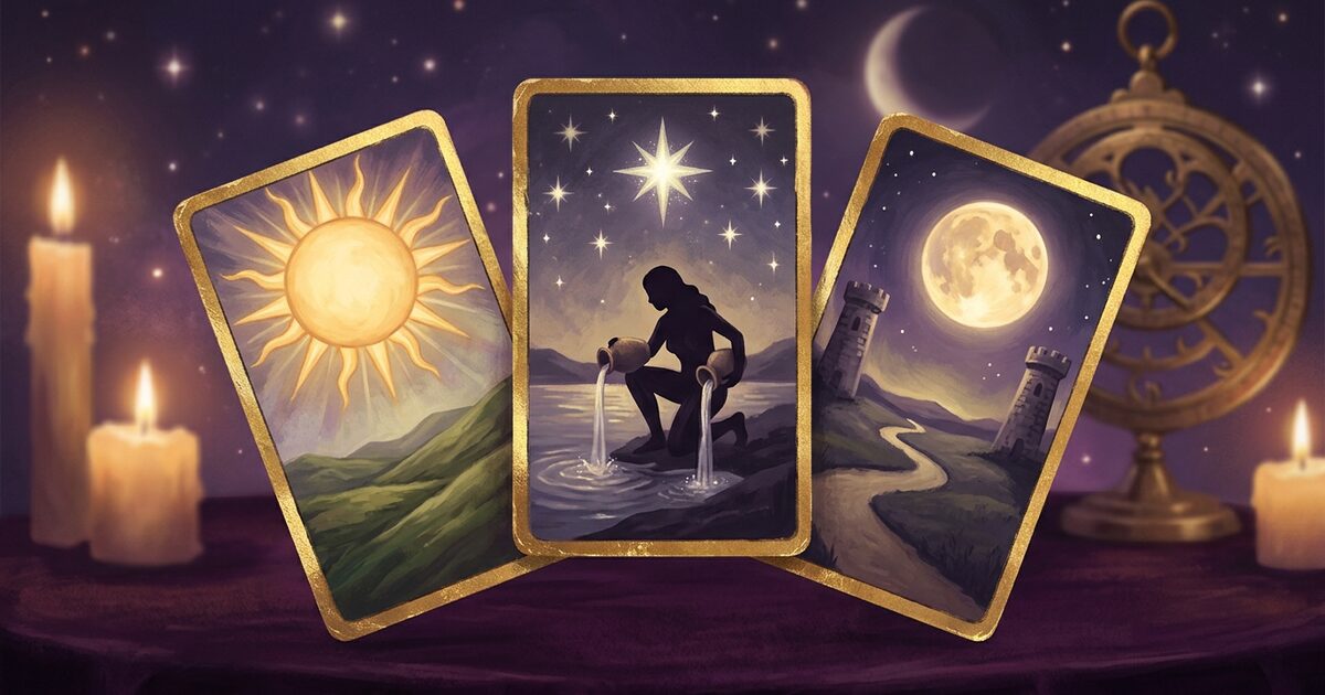A three-card tarot spread painted in Rider-Waite-Smith style — Sun, Star, and Moon cards with gold-leaf edges floating on dark velvet, lit by candle-glow against a dusk-purple cosmic background.