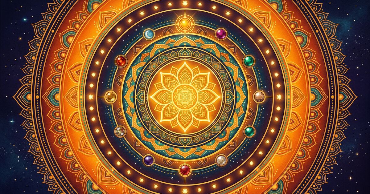 A sacred Jyotisha mandala — concentric rings of glowing nakshatra star-points around a central golden lotus, set against a saffron-to-marigold radial gradient with monsoon-dark sky at the corners.