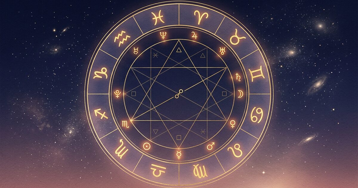 A luminous tropical zodiac wheel rendered in gold leaf against a deep indigo cosmic background, with twelve sign glyphs around the rim and planetary symbols glowing along ecliptic arcs.